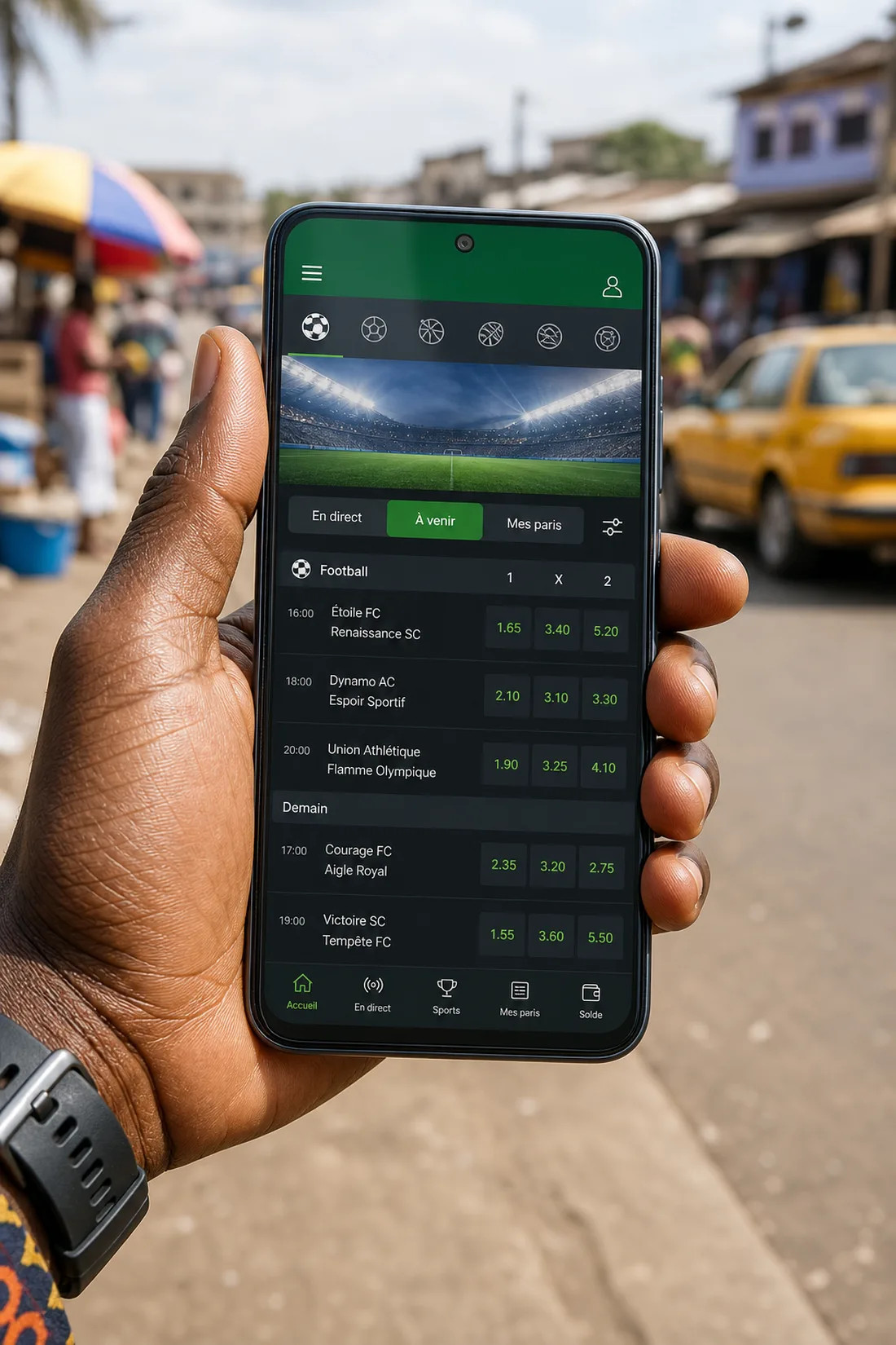 Main tenant un téléphone Android ouvert sur les paris sportifs de Premier Bet