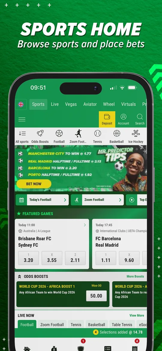 Capture App Store de Premier Bet : écran iOS : l’écran d’accueil présente les cotes sportives en anglais sur l’App Store.