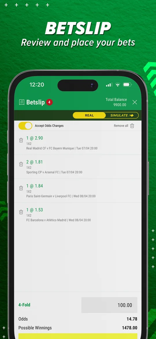 Capture App Store de Premier Bet : écran iOS : le coupon de pari affiche le récapitulatif clair des sélections choisies.