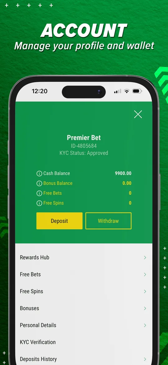 Capture App Store de Premier Bet : écran iOS : la section du compte regroupe les paramètres et le solde individuel.