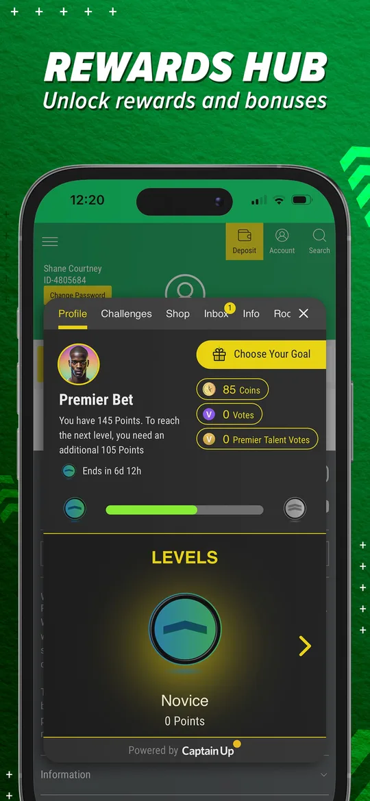 Capture App Store de Premier Bet : écran iOS : le Rewards Hub propose de cumuler des points de fidélité.