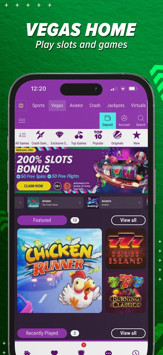 Capture App Store de Premier Bet : écran iOS : la catégorie Vegas rassemble les jeux de casino et machines virtuelles.